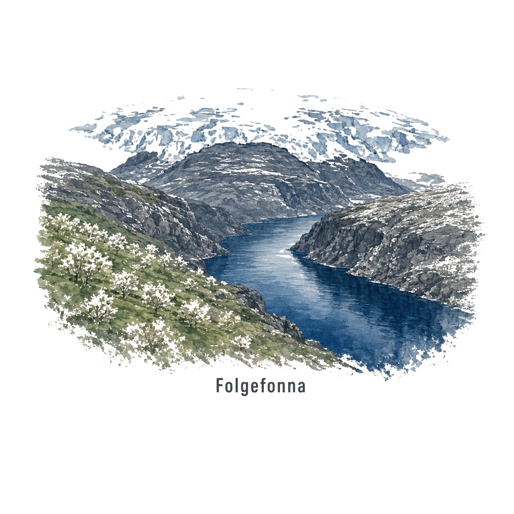 A drawing of Sørfjord, fruit trees in blossom on the slope, and the Folgefonna ice plateau above the mountains