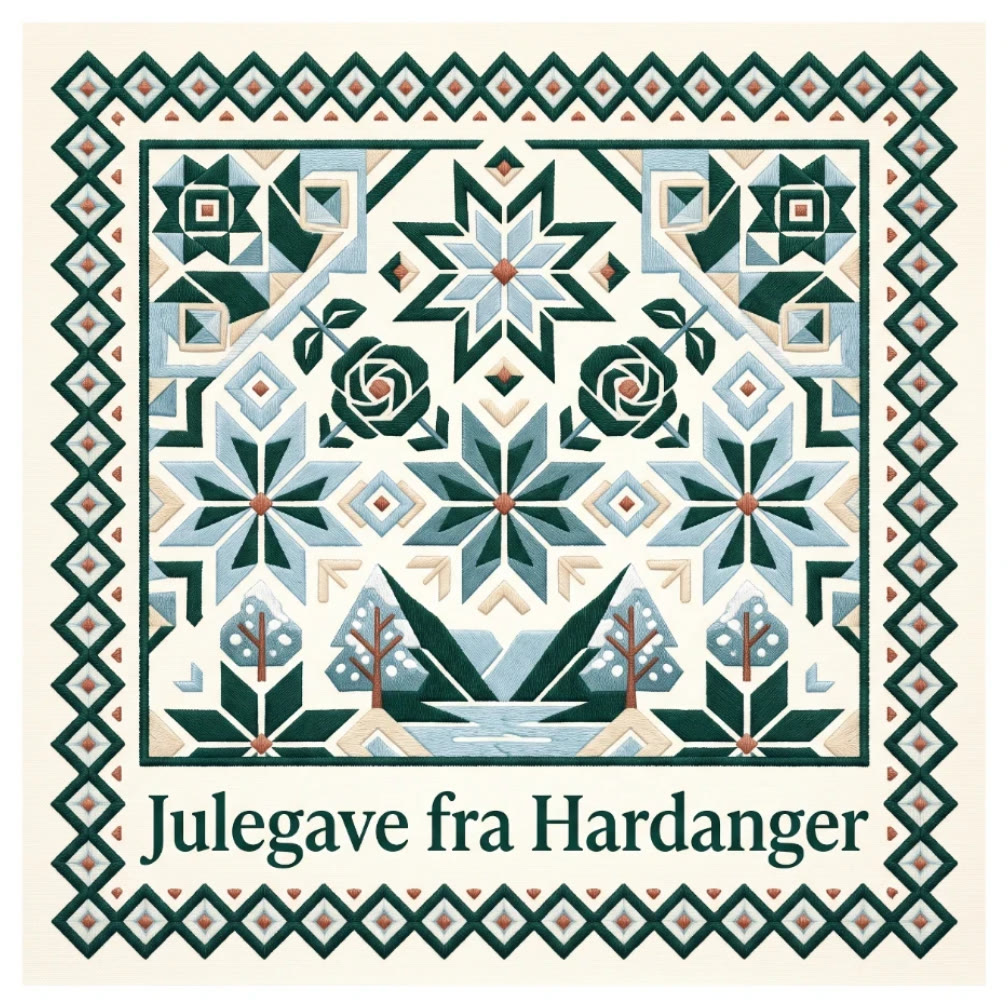 A sticker with a green pattern of stars, fruit trees and mountains, and the words Julegave fra Hardanger. Not a bunad.