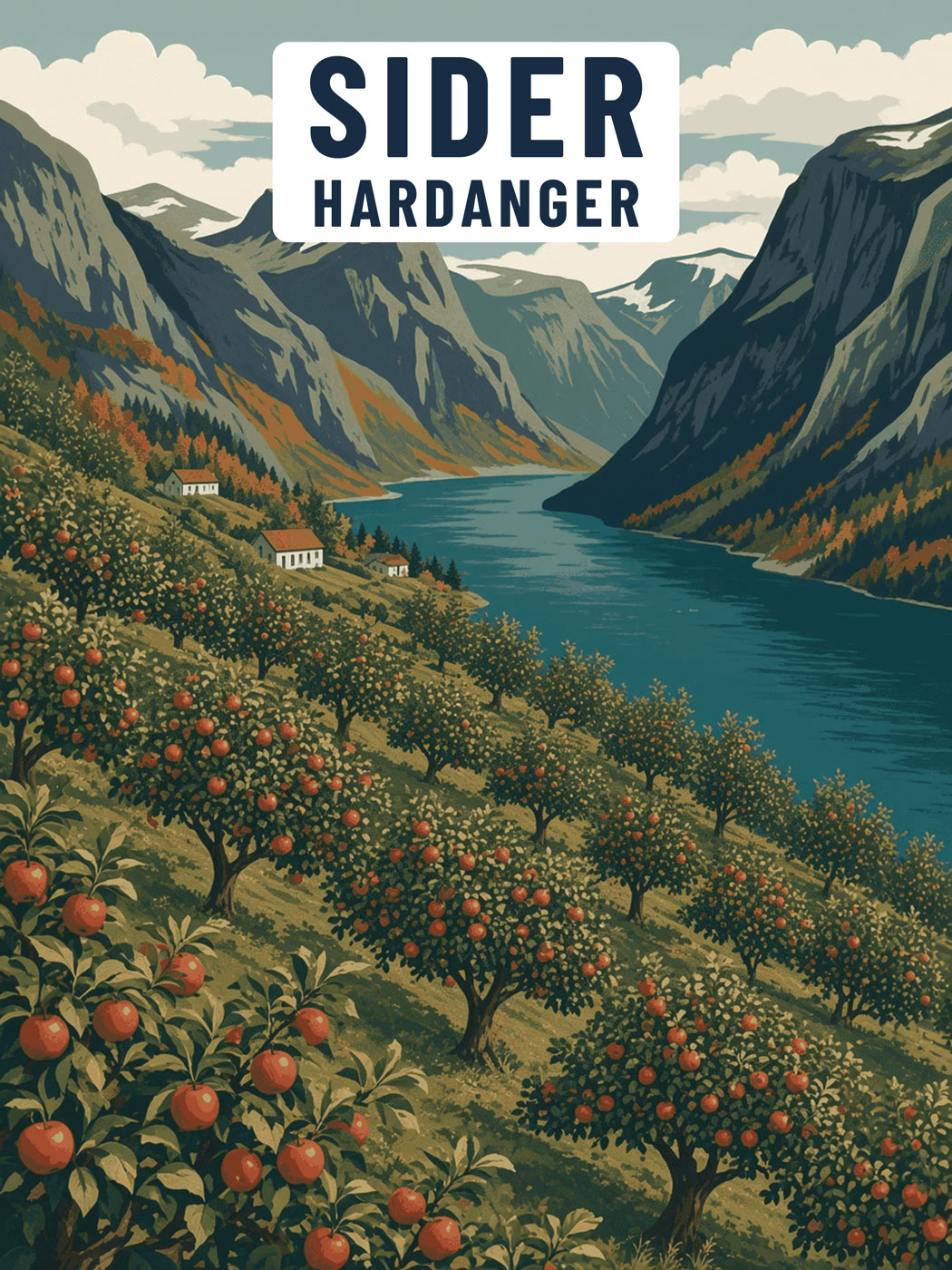 Teikning av frukthagen i Hardanger om hausten, med fjorden bak trea og orda SIDER og HARDANGER på ein kvit lapp